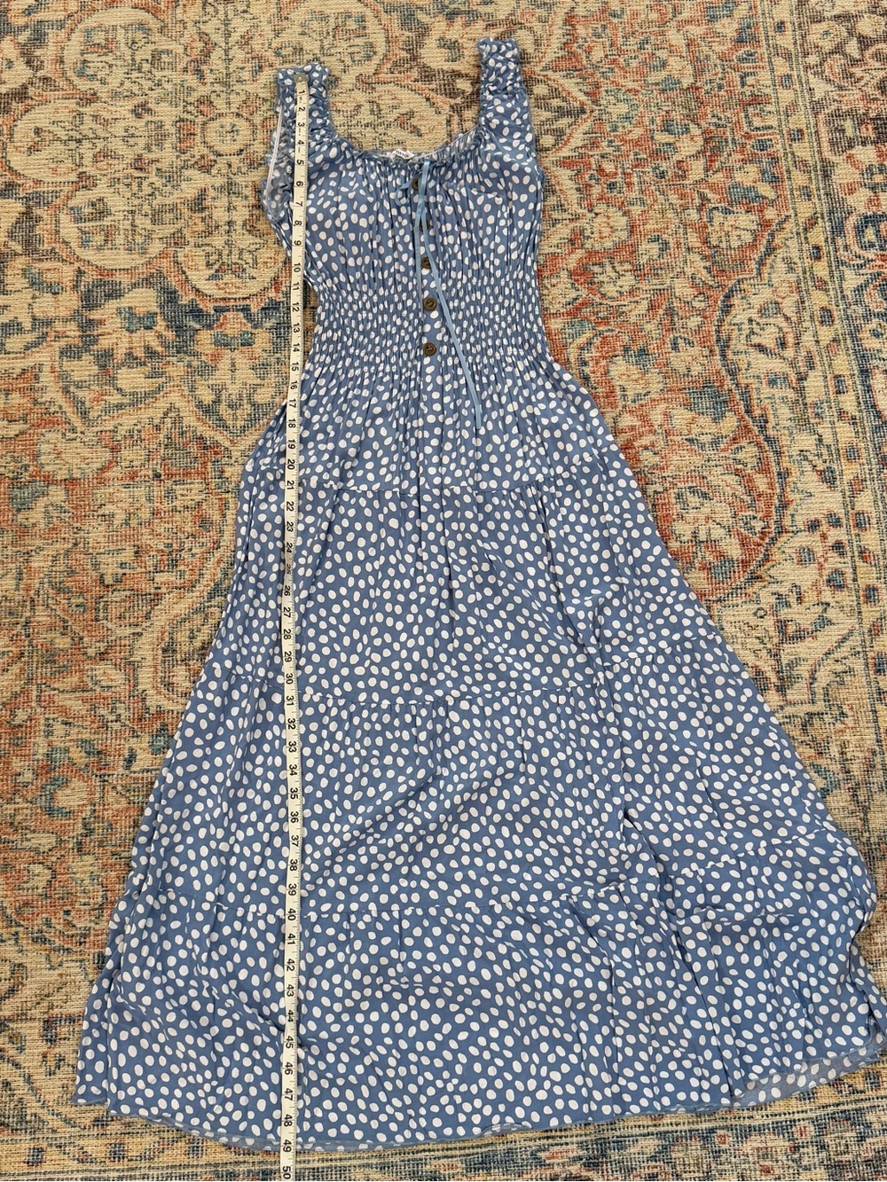 Blue White Polka Dot Boho MILKMAID Dress Peasant Sundress Smocked Maxi Dress S - Picture 7 of 10